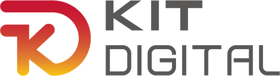 Logo de Kit Digital, un programa que promueve la transformación digital de pequeñas y medianas empresas en España. Diseñado con un estilo moderno, combina colores rojos, naranjas y grises.